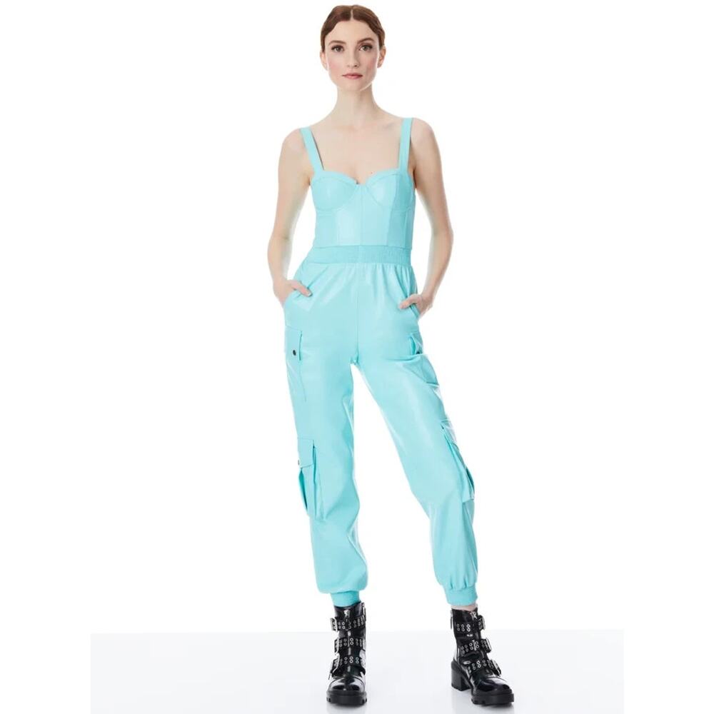 NWT Alice + Olivia Blue Frida Faux Leather Bustier Cargo Jumpsuit 0
